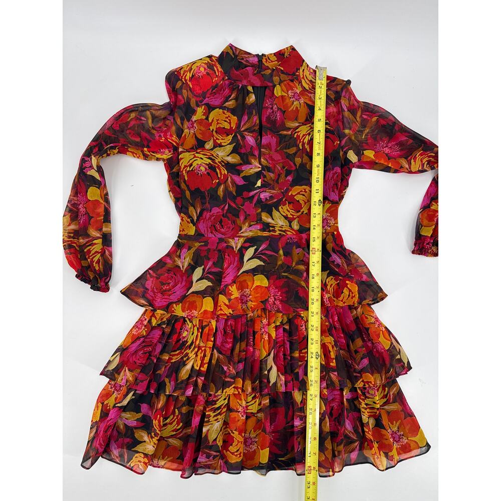 Milly Iyla Autumn Foliage Floral Tiered Mini Dress Long Sleeve Size 0 - Picture 8 of 9